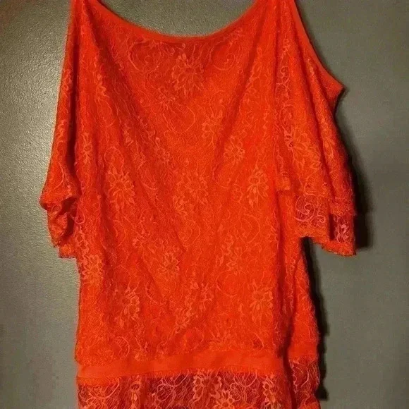 Salmon Colored Lace-Over Blouse Peekaboo Shoulders and Spaghetti Straps - Picture 1 of 4